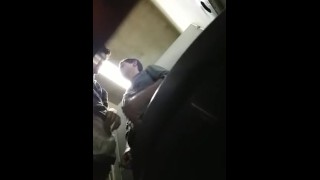 A voyeur spies on guys fucking in the college bathroom
