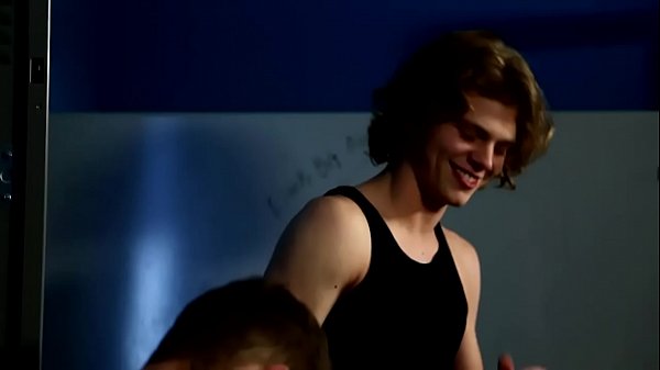 Hot threesome of cute twinks in sexy pants screwing in the locker room