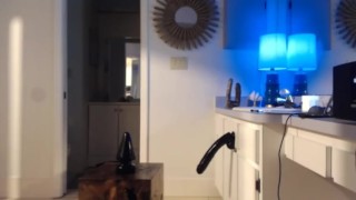 Muscle dad sits on big dildo