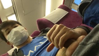 Playing with uncut Japanese penis on train