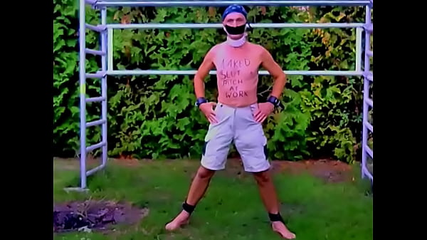 totally naked slave exposed outdoor public striptease body writing excersises BDSM CBT